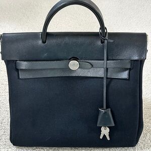 HERMES Herbag Black Canvas Leather Backpack / Handbag